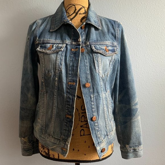 Madewell Distressed Printer Wash Jean Jacket M - Picture 2 of 9